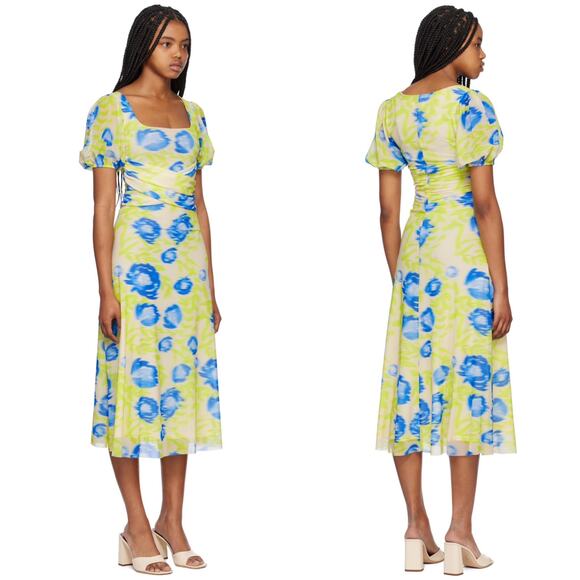 Ganni Printed Mesh Maxi Dress Strong Blue Green Floral Blue Square Neck 42 XL - Picture 2 of 16